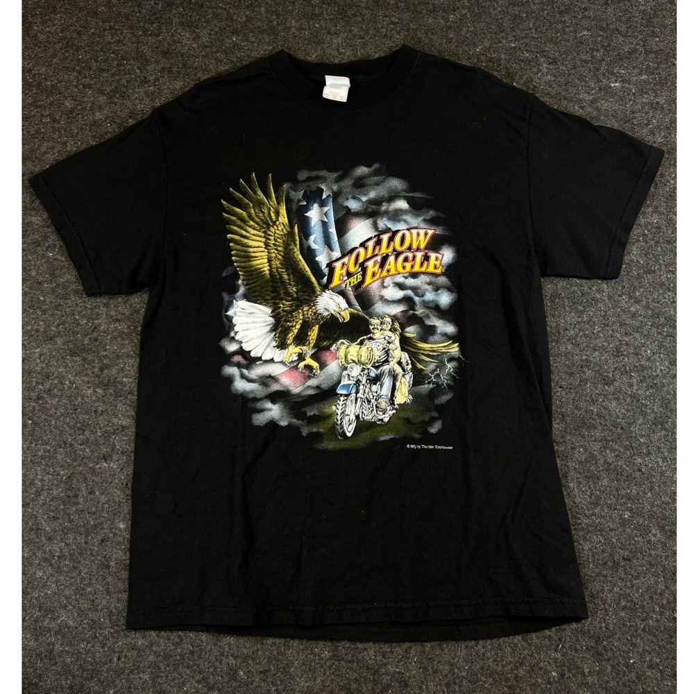 Vintage 90s Follow the Eagle Biker T-Shirt Tomahawk Wisconsin Mens Large Black
